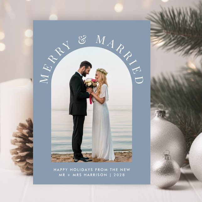 Married Merry Arch Photo Dusty Blue Christmas Holiday Card (A beautiful and unique photo card to announce your marriage to family + friends this holiday season)