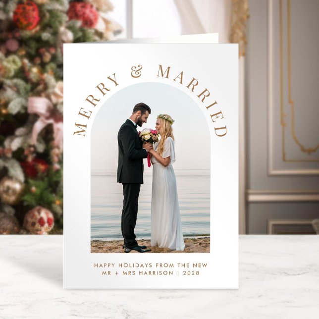 Married Merry Arch Photo White Gold Christmas Holiday Card (A beautiful and unique photo card to announce your marriage to family + friends this holiday season)