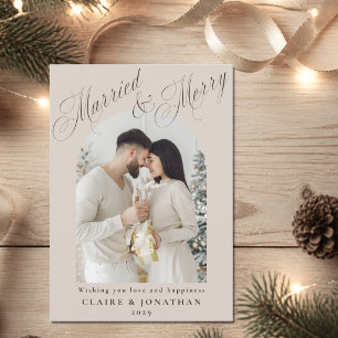 Married & Merry Beige Arch 2 Photo Holiday Card
