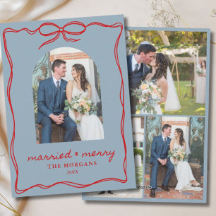 Married & Merry Blue Red Christmas Bow Wedding Holiday Card
