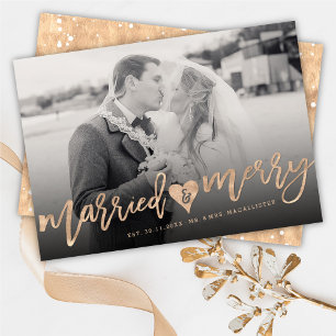 Married & Merry Brush Script Photo Modern Wedding Holiday Card