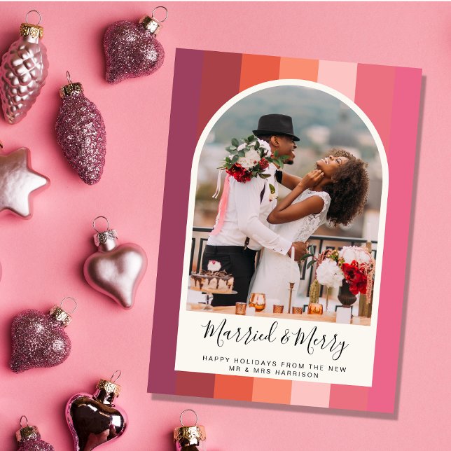 Married Merry Christmas Arched Photo Pink Orange Holiday Card (Creator Uploaded)