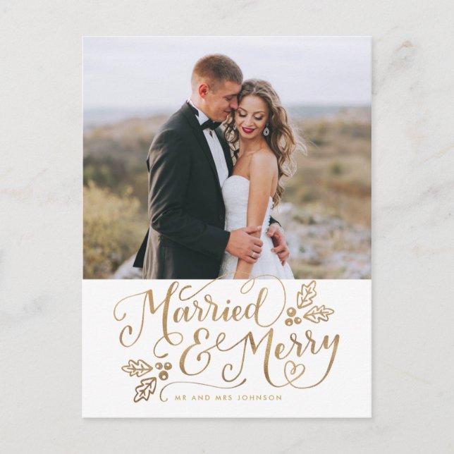 Married & Merry Christmas Handlettered Photo Gold Postcard (Front)