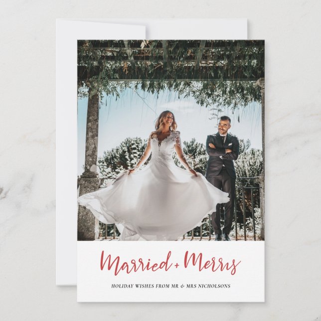 Married & Merry Christmas Handwritten Script Photo Holiday Card (Front)