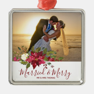 married & merry christmas holiday photo ornament