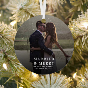 Married & Merry Christmas Wedding Photo Festive Metal Tree Decoration