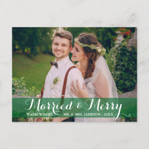 Married & Merry Couple Photo Postcard Green Trim