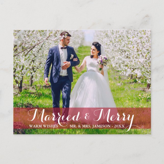 Married & Merry Couple Photo Postcard Red Trim (Front)
