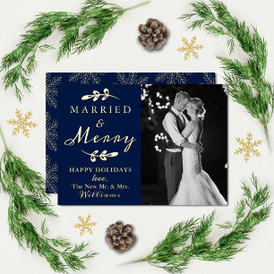 Married & Merry Couple's 1st Christmas Photo Real Foil Holiday Card