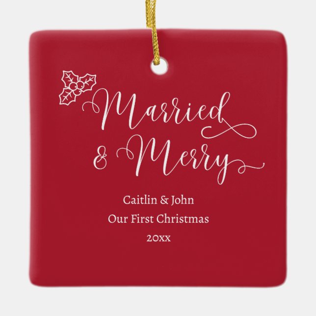 Married Merry Custom 1st Christmas Newlywed Green Ceramic Ornament (Front)