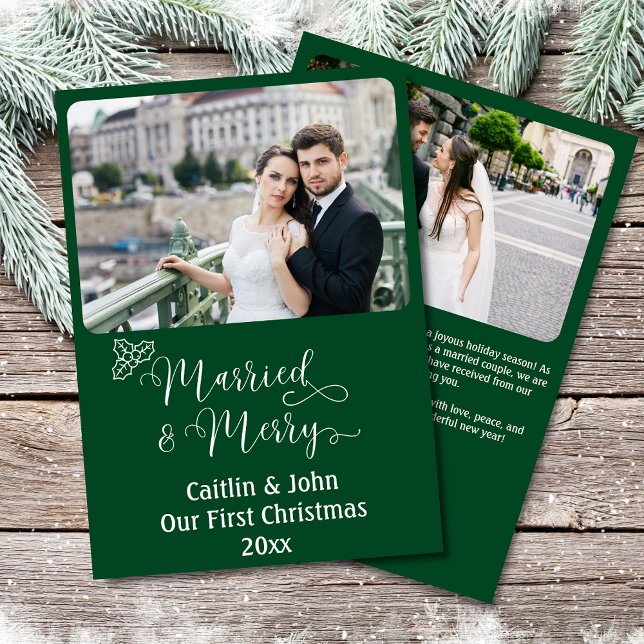 Married Merry Custom Newlyweds 1st Christmas Green Holiday Card (Married & Merry, Our First Christmas custom green greeting card with two photos, modern typography.
)