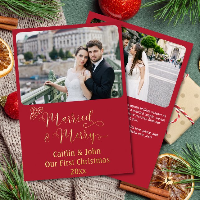 Married Merry Custom Newlyweds First Christmas Red Foil Holiday Card (Married & Merry, Our First Christmas Together, red card with 2 photos, custom text with gold foil.)