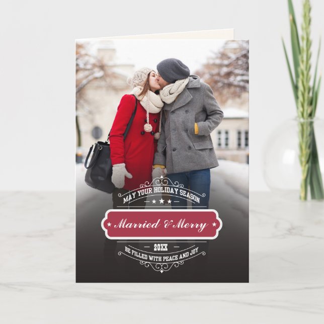 Married & Merry. Custom Photo Christmas Holiday Card (Front)