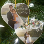 Married & Merry Double Sided Heart Wedding Photo Ceramic Ornament<br><div class="desc">Married and Merry photo ornament - perfect for newlyweds first christmas married or for any happily married couple! The photo template is set up for you to add a wedding photo on each side. One side has an elegant text overlay which reads "married & merry" and the other side as...</div>