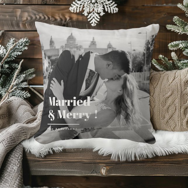 Married & Merry | Elegant Black & White Wedding  Cushion (Creator Uploaded)