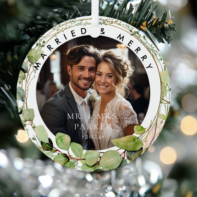 Married & Merry!  Elegant, Eucalyptus, Photo Metal Tree Decoration (Married & Merry! Elegant, Eucalyptus, Photo Metal Ornament)