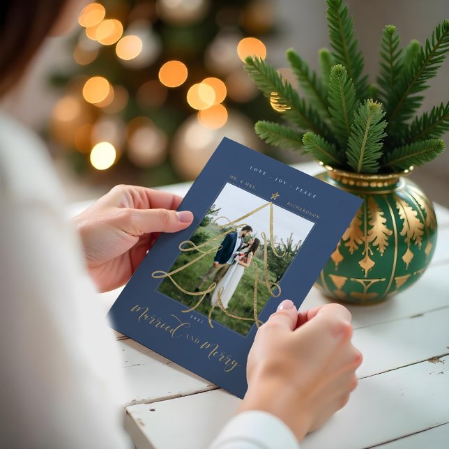 Married & Merry Elegant Gold Christmas Tree Photo Holiday Card (Married & Merry Elegant Gold Christmas Tree Photo Holiday Card)