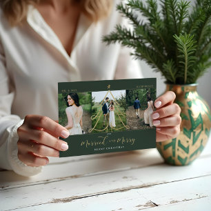 Married & Merry Elegant Gold Holiday Tree 3 Photo Card