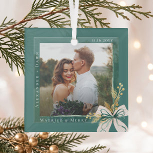Married & Merry Elegant Green Bow Newly Weds Photo Glass Tree Decoration