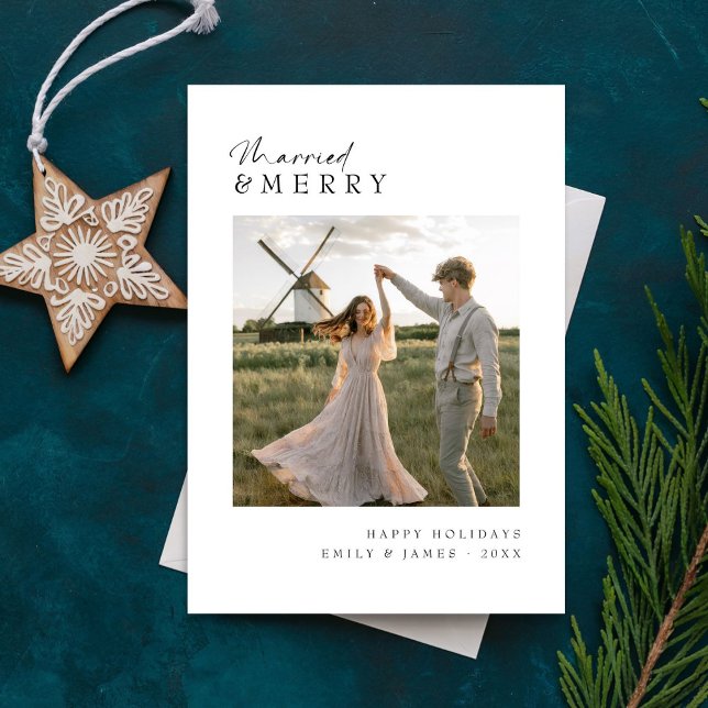 Married & Merry Elegant Newlywed Christmas Photo Holiday Card (Creator Uploaded)