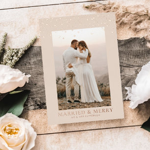 Married & Merry Falling Hearts Photo Rose Gold  Foil Holiday Card