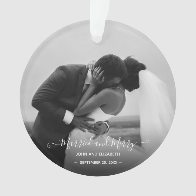 Married Merry First Christmas Black White Photo  Ornament (Front)