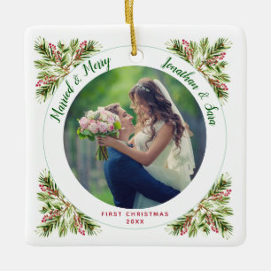 Married & Merry First Christmas Photo Ceramic Ornament