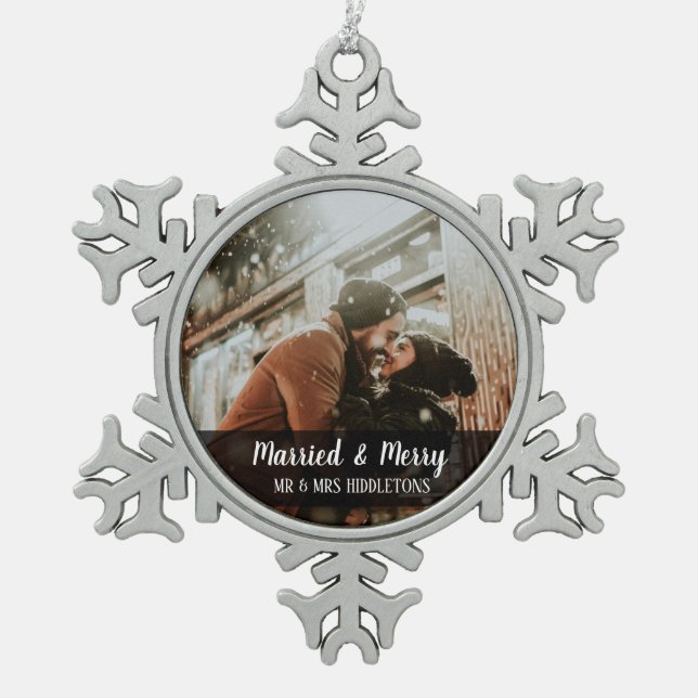 Married & Merry First Christmas | Wedding Photo Snowflake Pewter Christmas Ornament (Front)