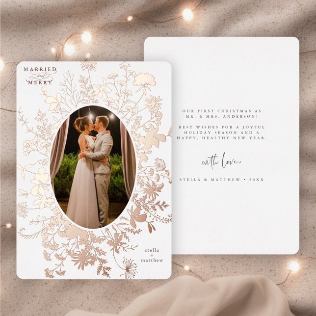 Married & Merry Floral Christmas Photo Rose Gold Foil Holiday Card (Front & Back)
