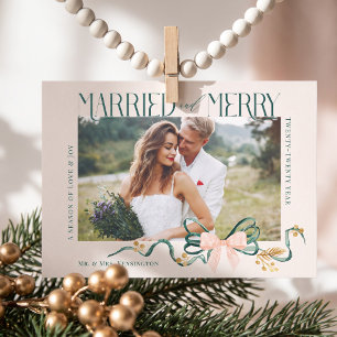 Married & Merry Green Bow Christmas Wedding Photo Holiday Card