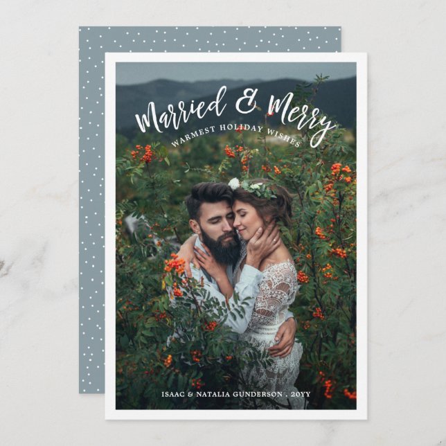 Married & Merry Modern Chistmas Photo White Holiday Card (Front/Back)