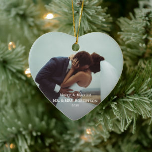 Married & Merry Modern Photo Typography Elegant  Ceramic Ornament