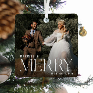 Married & Merry Newly Weds Photo Keepsake Elegant Metal Tree Decoration