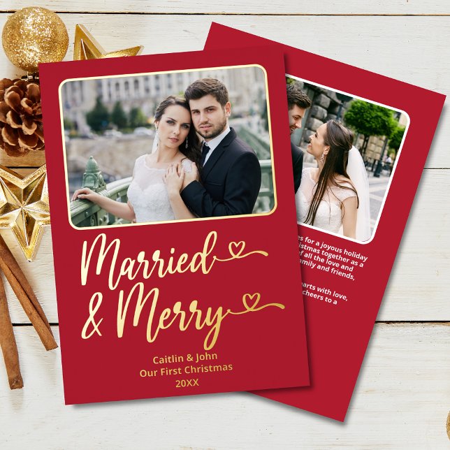 Married Merry Newlywed 1st Christmas Photo Red Foil Holiday Card (Married & Merry Gold Foil 2-Photo Christmas card with personalized message and photo on back.)