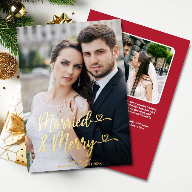 Married Merry Newlywed 1st Xmas Red Hearts Photo Foil Holiday Card (Married & Merry Gold Foil 2-Photo Christmas Card, red on back with personal message & photo.)