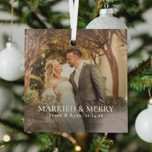 Married & Merry Newlywed Photo, Christmas Simple Glass Tree Decoration