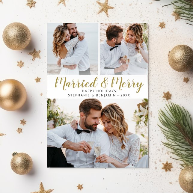 Married & Merry Newlywed Photo Collage Christmas  Holiday Card (Creator Uploaded)