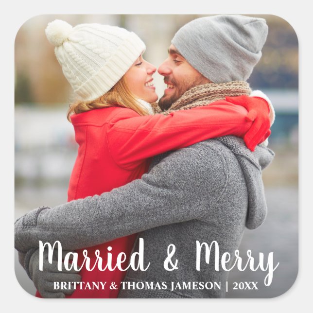Married & Merry Newlywed Photo Holiday Square Sticker (Front)