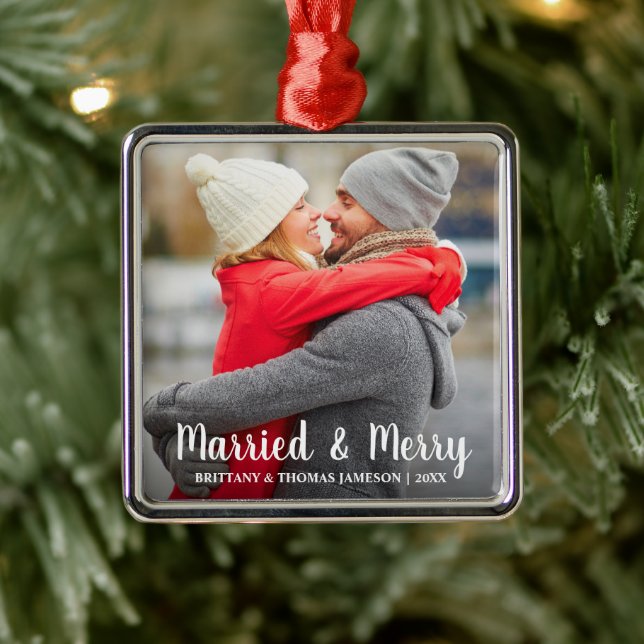 Married & Merry Newlywed Photo Metal Ornament (Tree)
