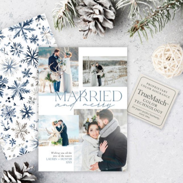 Married & Merry Newlywed Rustic Blue Photo Collage Holiday Card (Creator Uploaded)