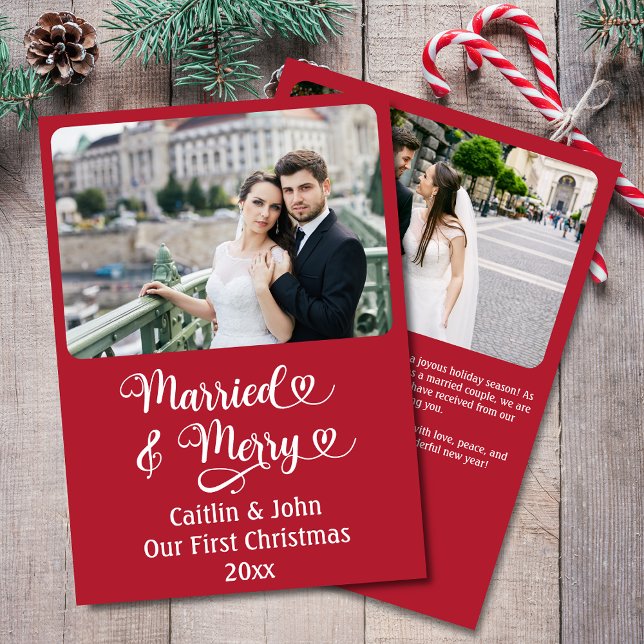 Married Merry Newlyweds 1st Christmas Custom Red Holiday Card (Married & Merry, Our First Christmas custom greeting card in red with two photos and greeting.)
