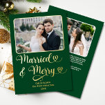 Married Merry Newlyweds 1st Christmas Green Hearts Foil Holiday Card<br><div class="desc">This Married and Merry Our First Christmas custom 2-photo gold foil greeting card in forest green with hearts is the perfect way to celebrate a newlywed couple's first Christmas, with its clean and modern font and classic holiday colours, room for two photos, as well as a personalised message on the...</div>