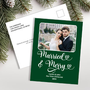 Married Merry Newlyweds 1st Christmas Green Photo Holiday Postcard