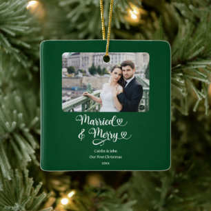 Married Merry Newlyweds 1st Christmas Photo Green Ceramic Ornament