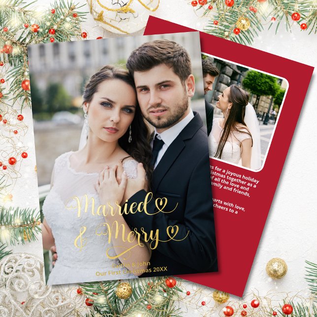 Married Merry Newlyweds 1st Christmas Photo Hearts Foil Holiday Card (Married & Merry 2-photo Custom Gold Foil Christmas Card with personal message on red background.)