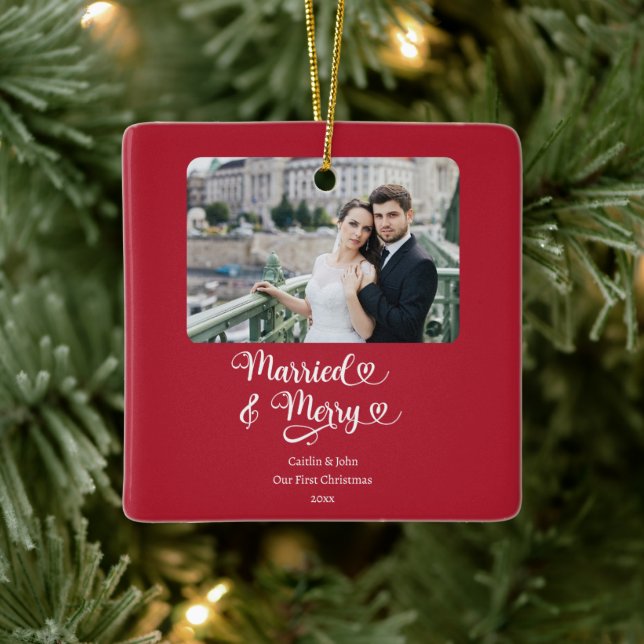 Married Merry Newlyweds 1st Christmas Photo Red Ceramic Ornament (Tree)