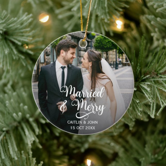 Married Merry Newlyweds 1st Christmas Photo Round Ceramic Ornament (Tree)