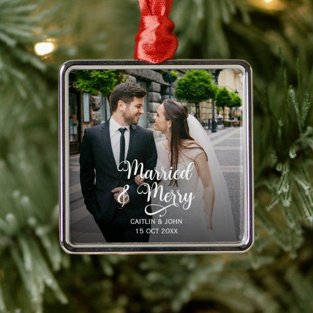 Married Merry Newlyweds 1st Christmas Photo Square Metal Ornament (Tree)