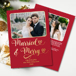 Married Merry Newlyweds 1st Christmas Red Hearts Foil Holiday Card<br><div class="desc">This Married and Merry Our First Christmas custom 2-photo gold foil greeting card in Christmas red with hearts is the perfect way to celebrate a newlywed couple's first Christmas, with its clean and modern font and classic holiday colours, room for two photos, as well as a personalised message on the...</div>