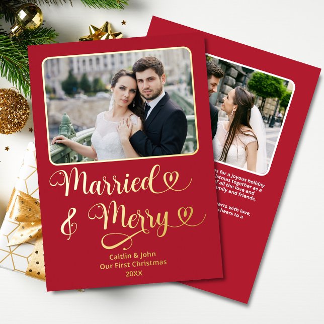 Married Merry Newlyweds 1st Christmas Red Hearts Foil Holiday Card (Married & Merry Custom 2-Photo Gold Foil Christmas Card in Red, with personal message on the back.)